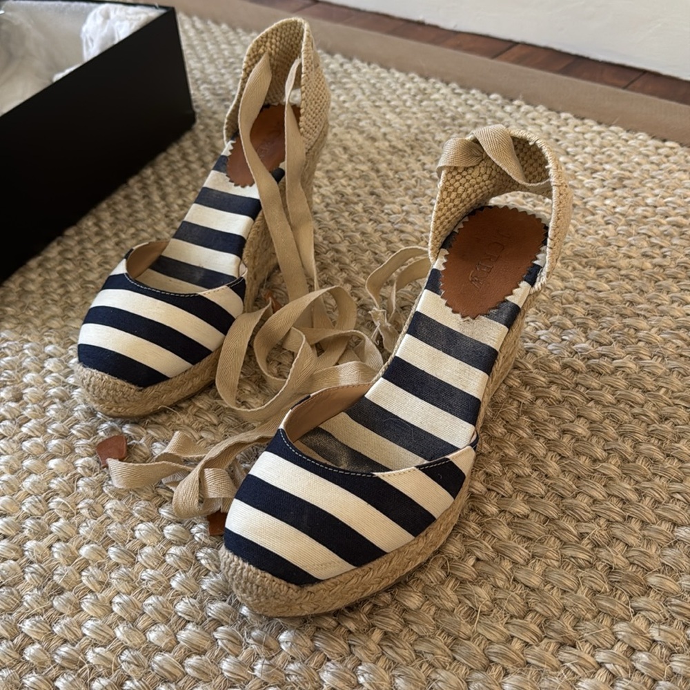 Navy and white striped espadrille wedges
